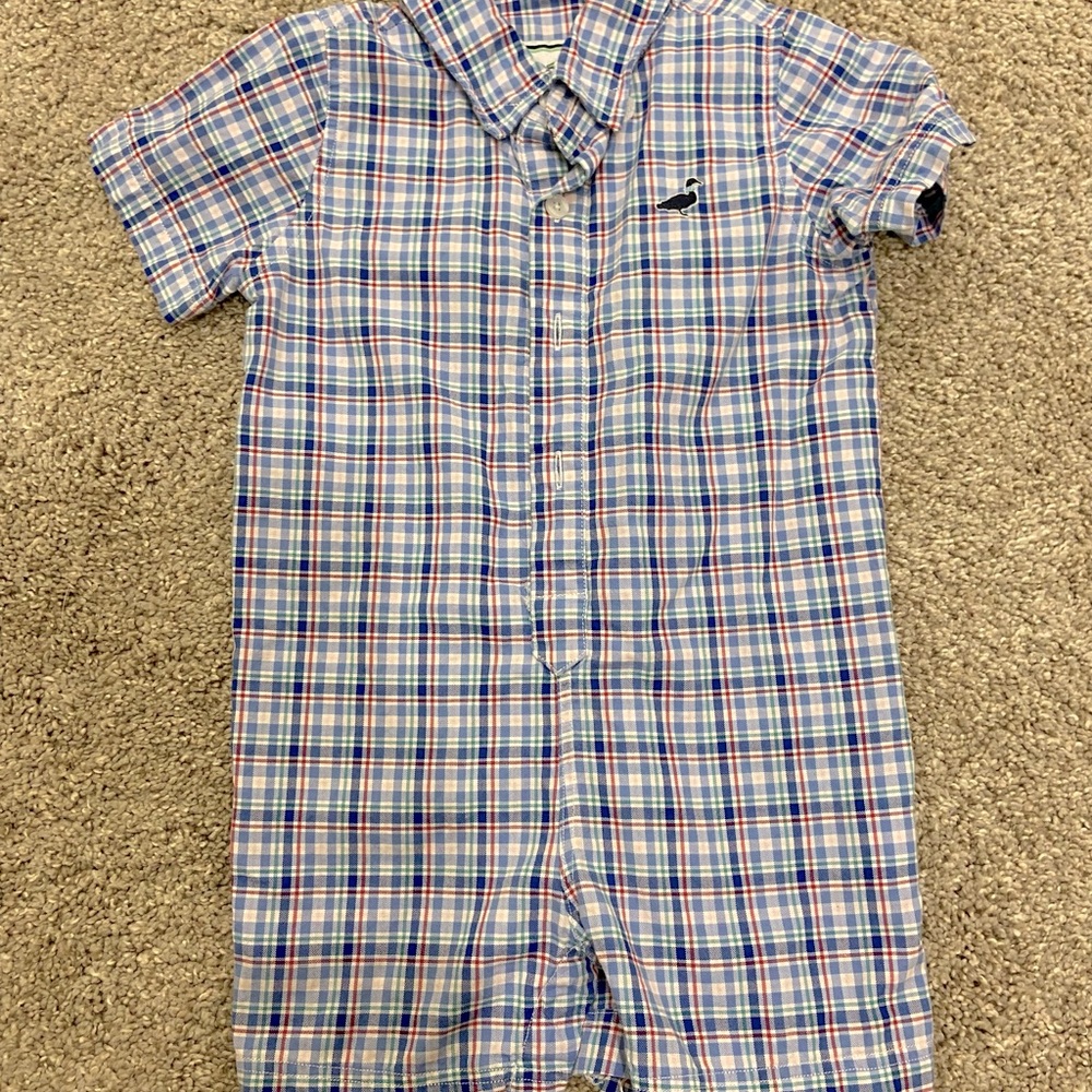 Properly tied polo one piece romper for boys. Plaid, 6-9 months.